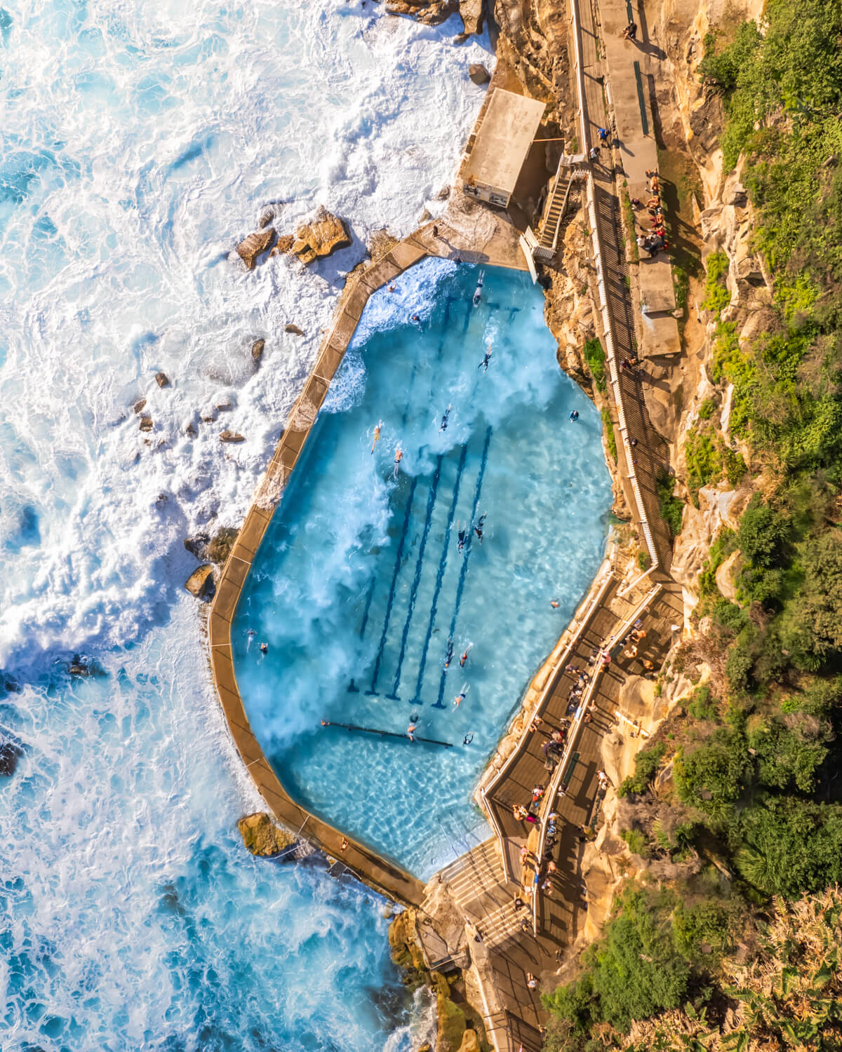 Aerial view of the Bronte Rock Pool, when a big wave crash into the swimmers inside.