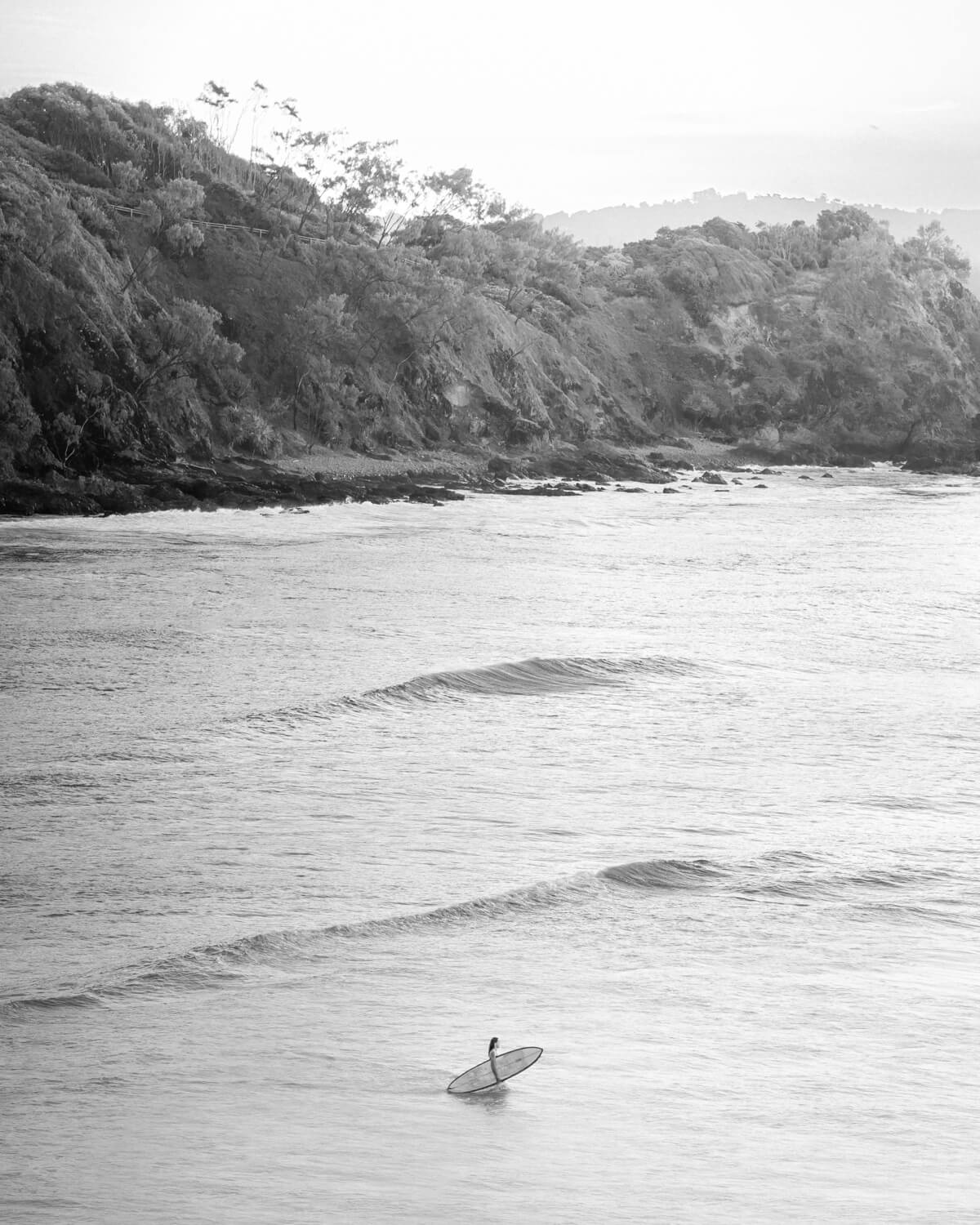 Vintage Art Print, Black and White photo of a surfer entering the ocean