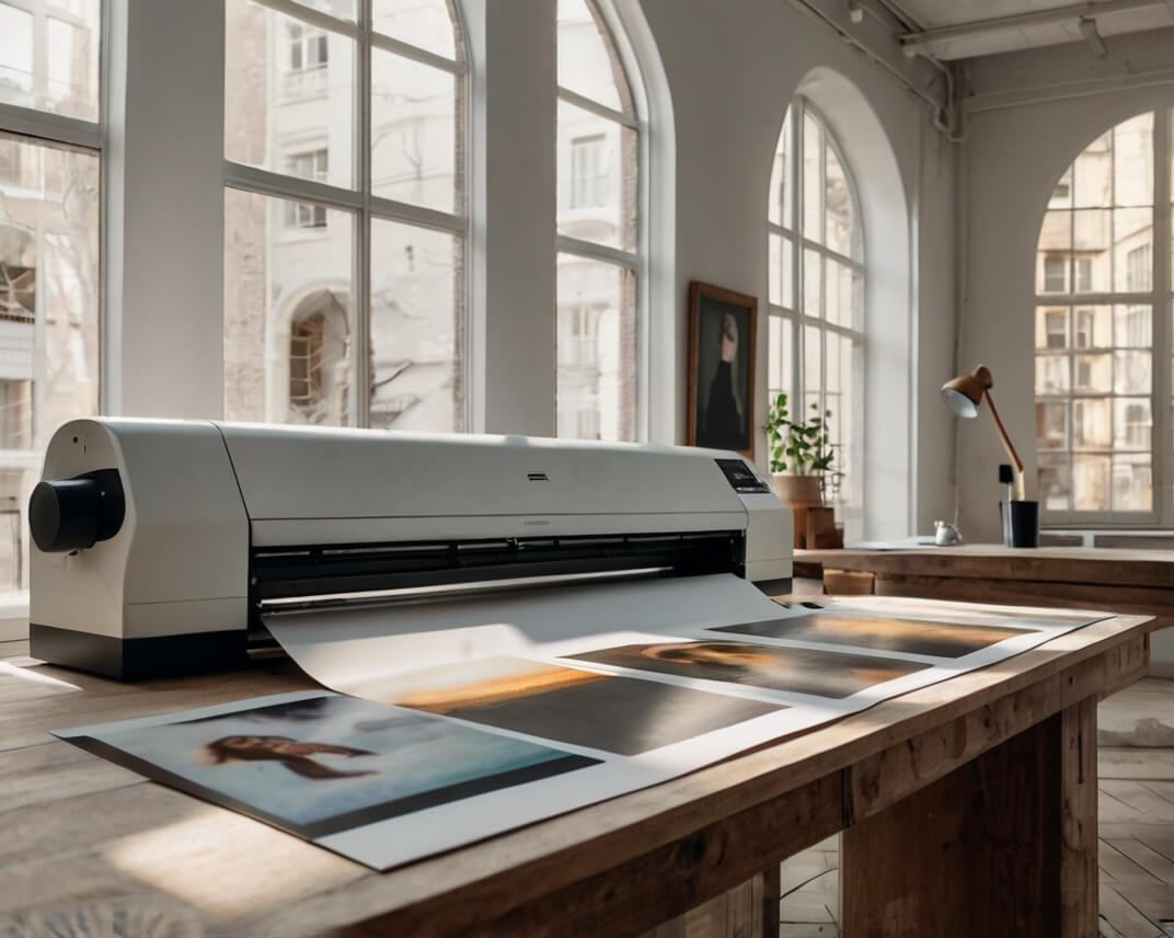 An image featuring a professional printer on a wooden desk, with some fine art papers alongside it.