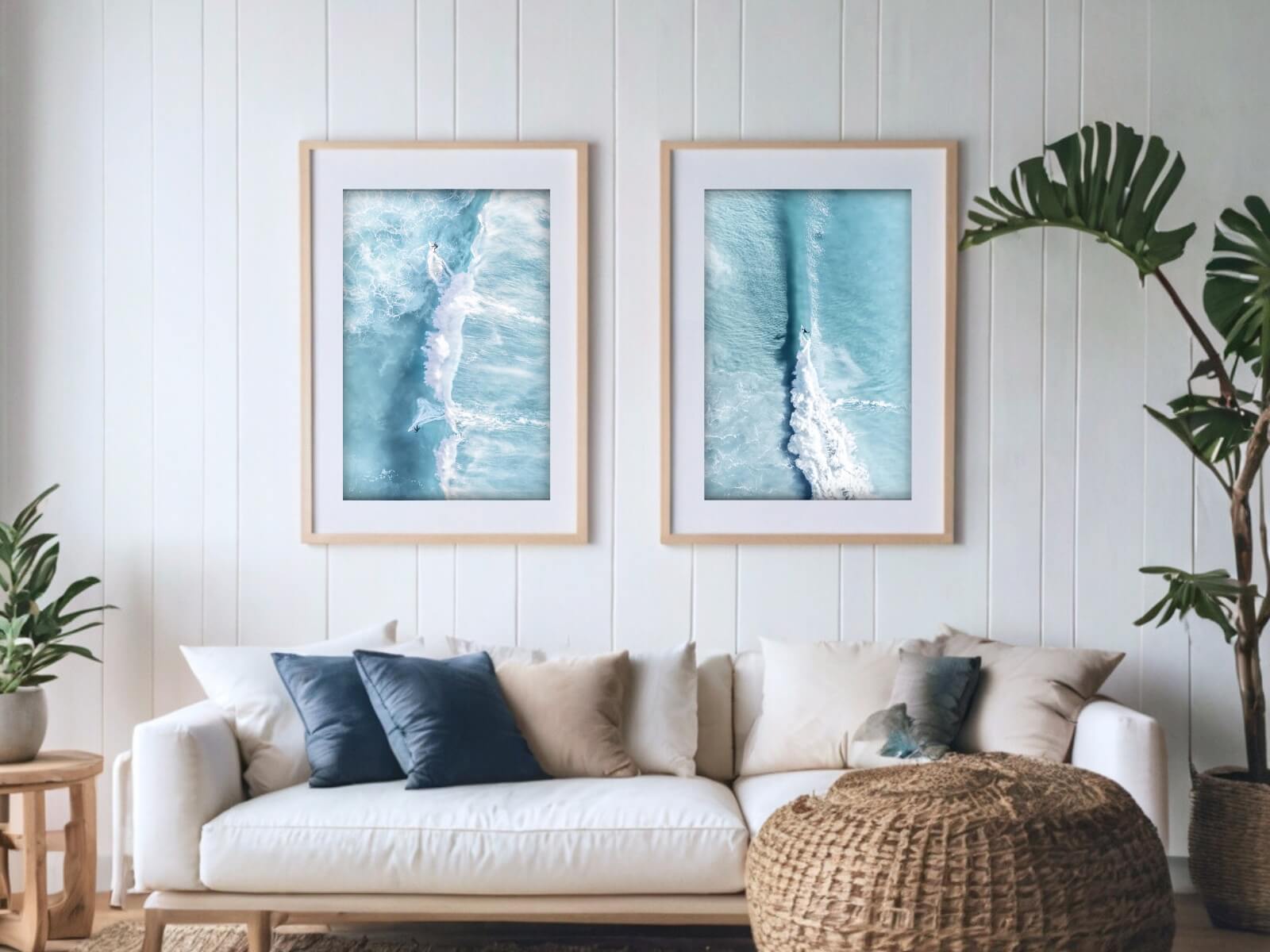 Two surf riders frames stand in a cosy living room.