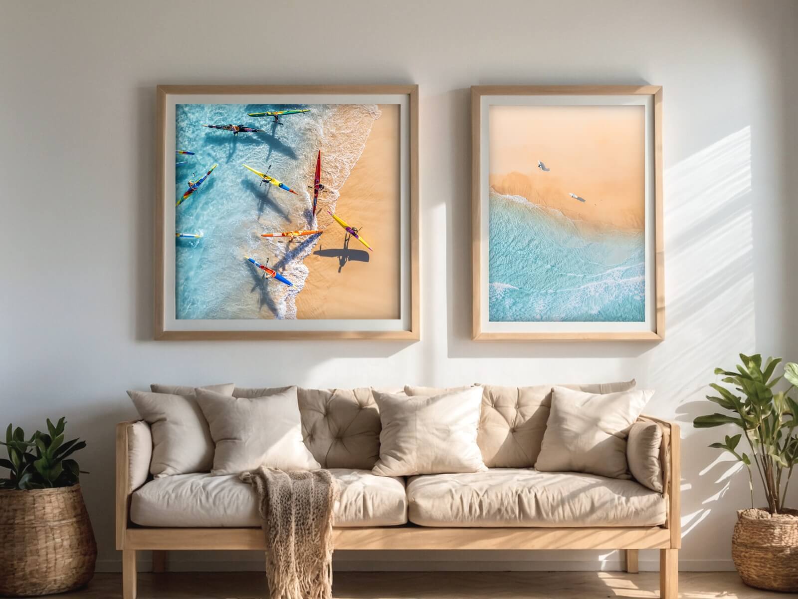 Image of a living room with two frames of beach photos.