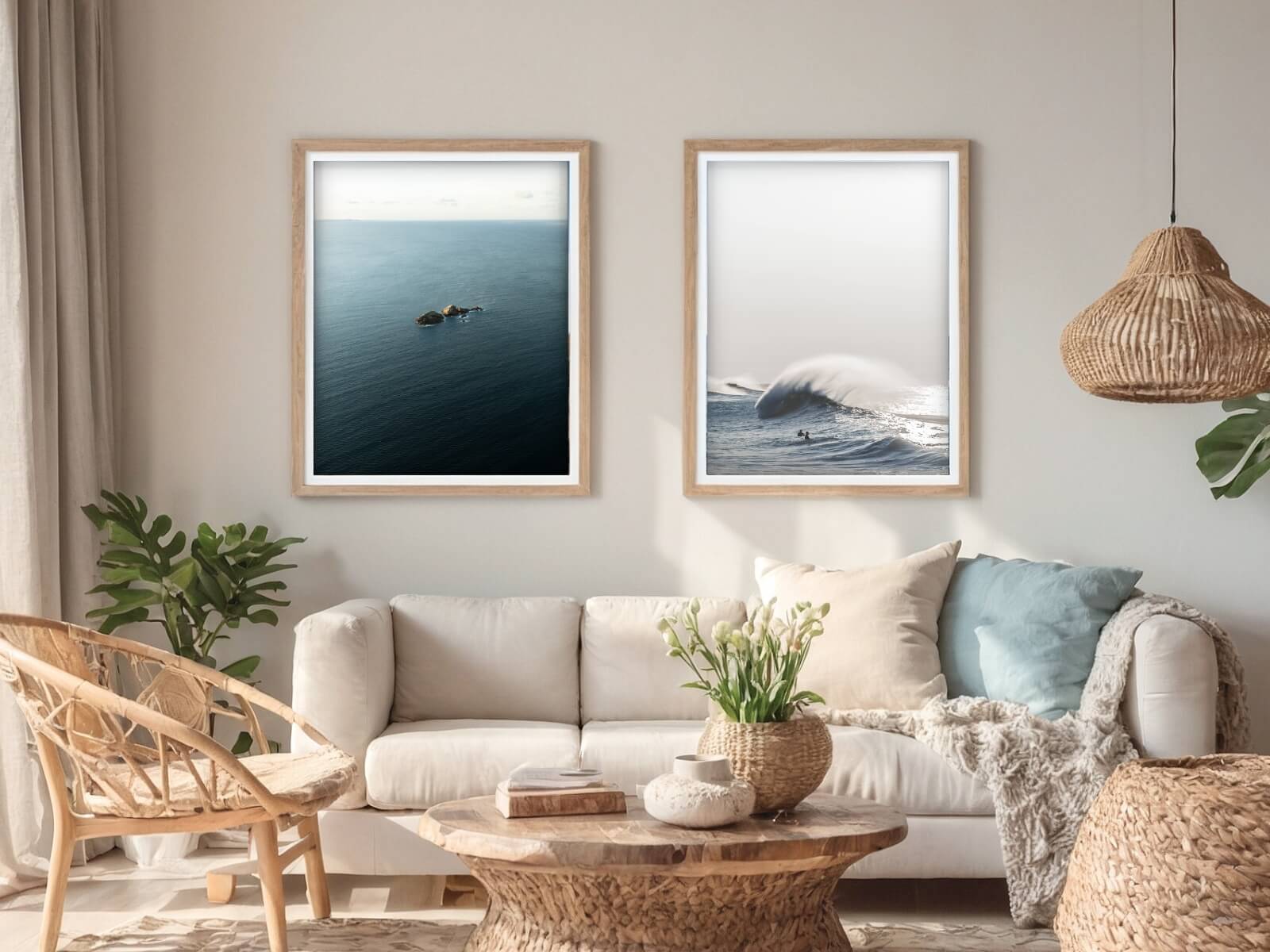 A living room featuring two minimalist pictures of the ocean.