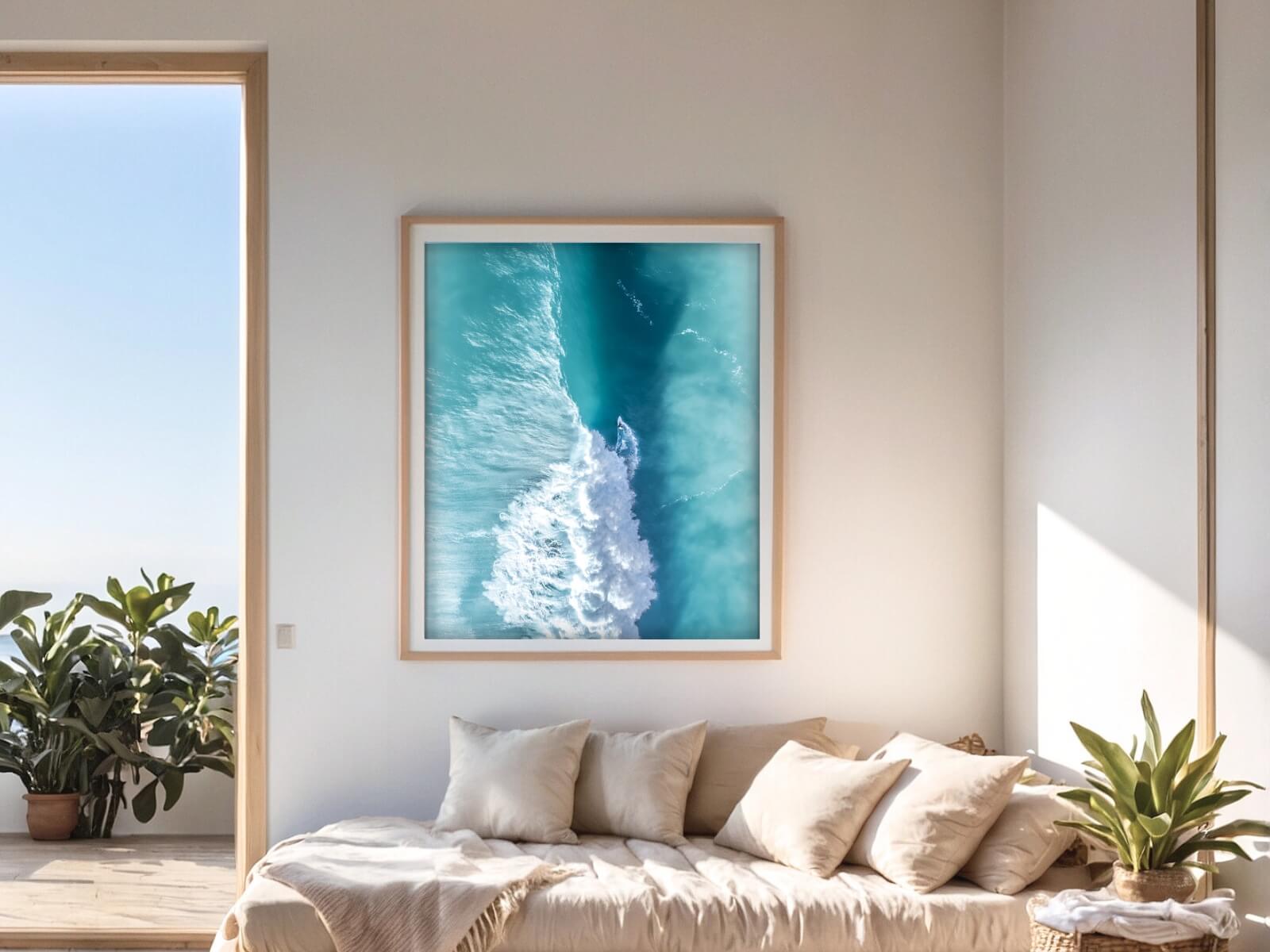 Mockup bright room featuring a surf photo on the wall.