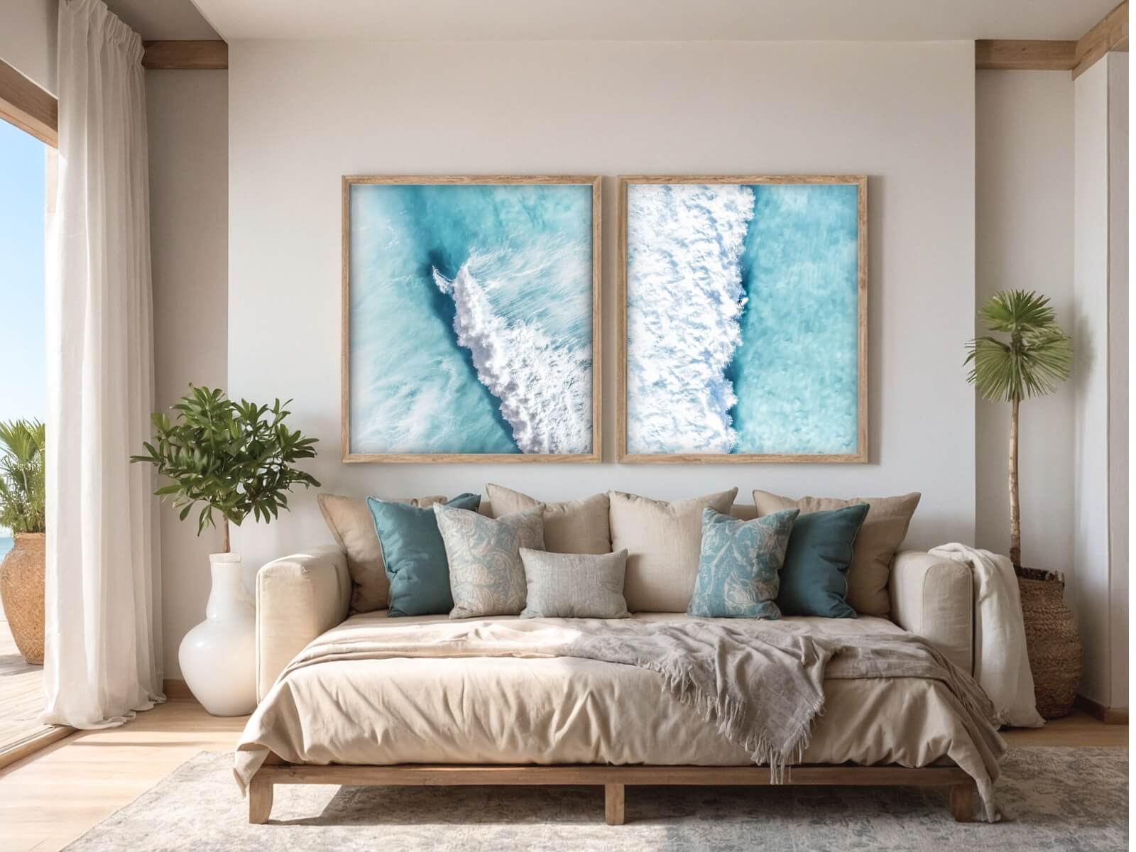 Two big frames of surfers on turquoise waters are placed in a coastal vibe bedroom.